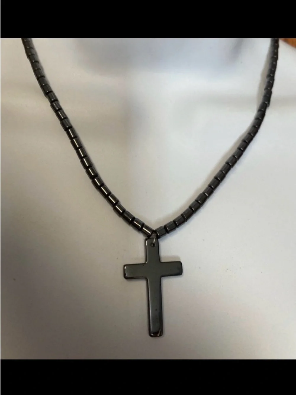 Hematite Cross on Hematite Beaded Necklace
